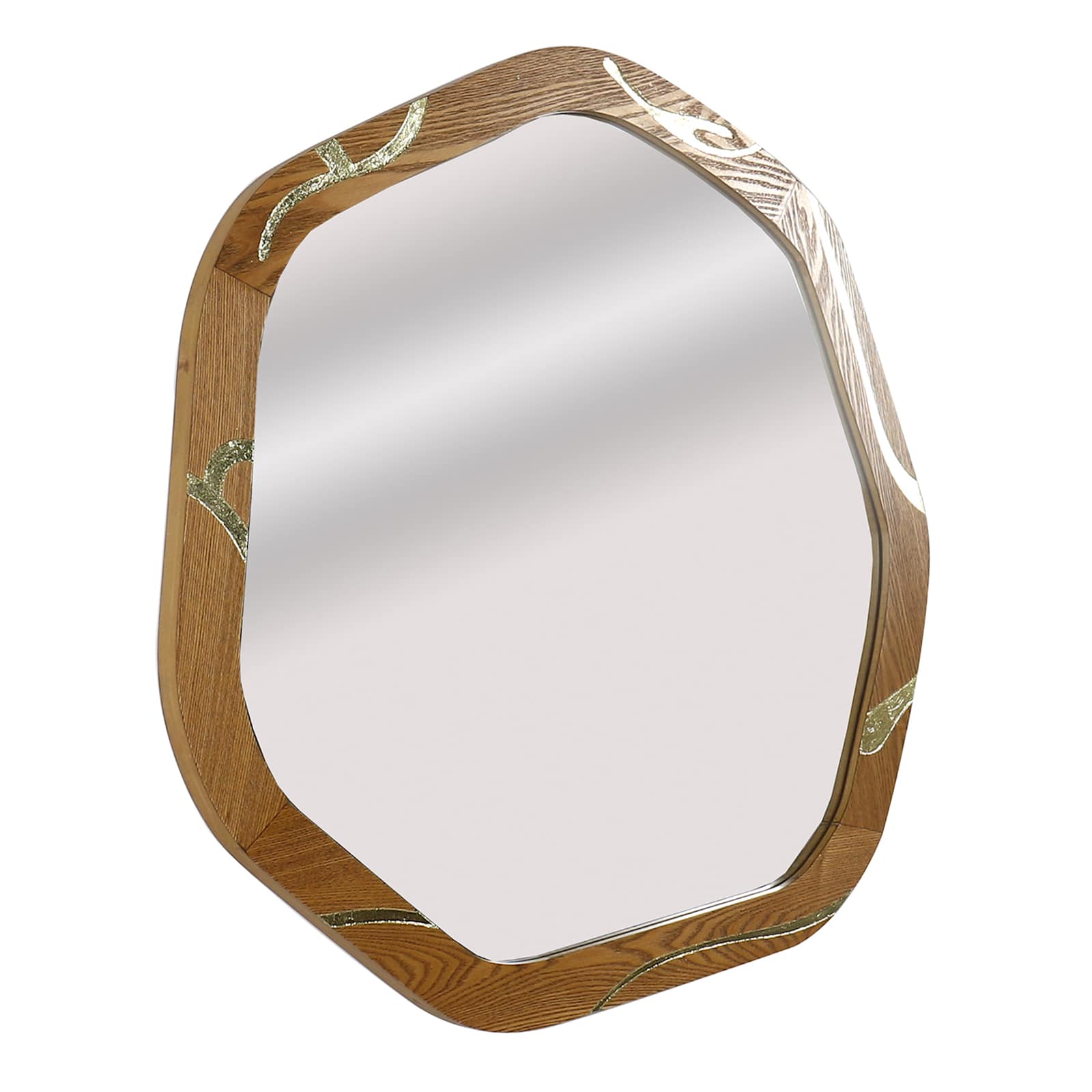 Angled product view of the At Home × SCADpro wooden gold embellishment wall mirror.