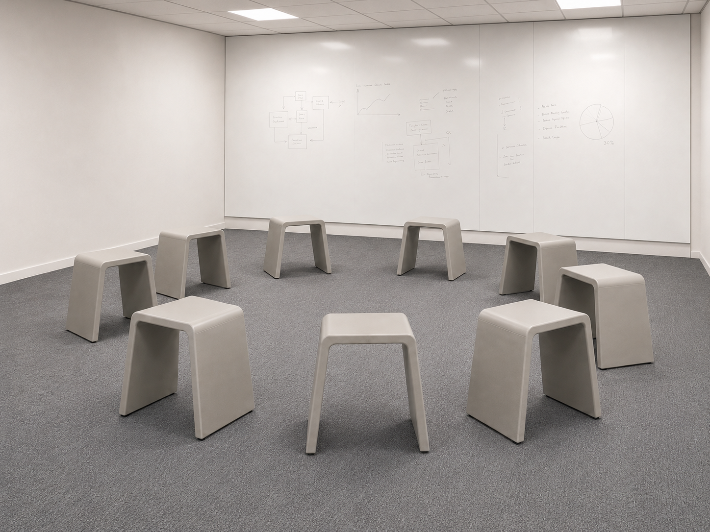 Meeting Pause Stool arranged in a workshop room as part of the Folded Pause System.