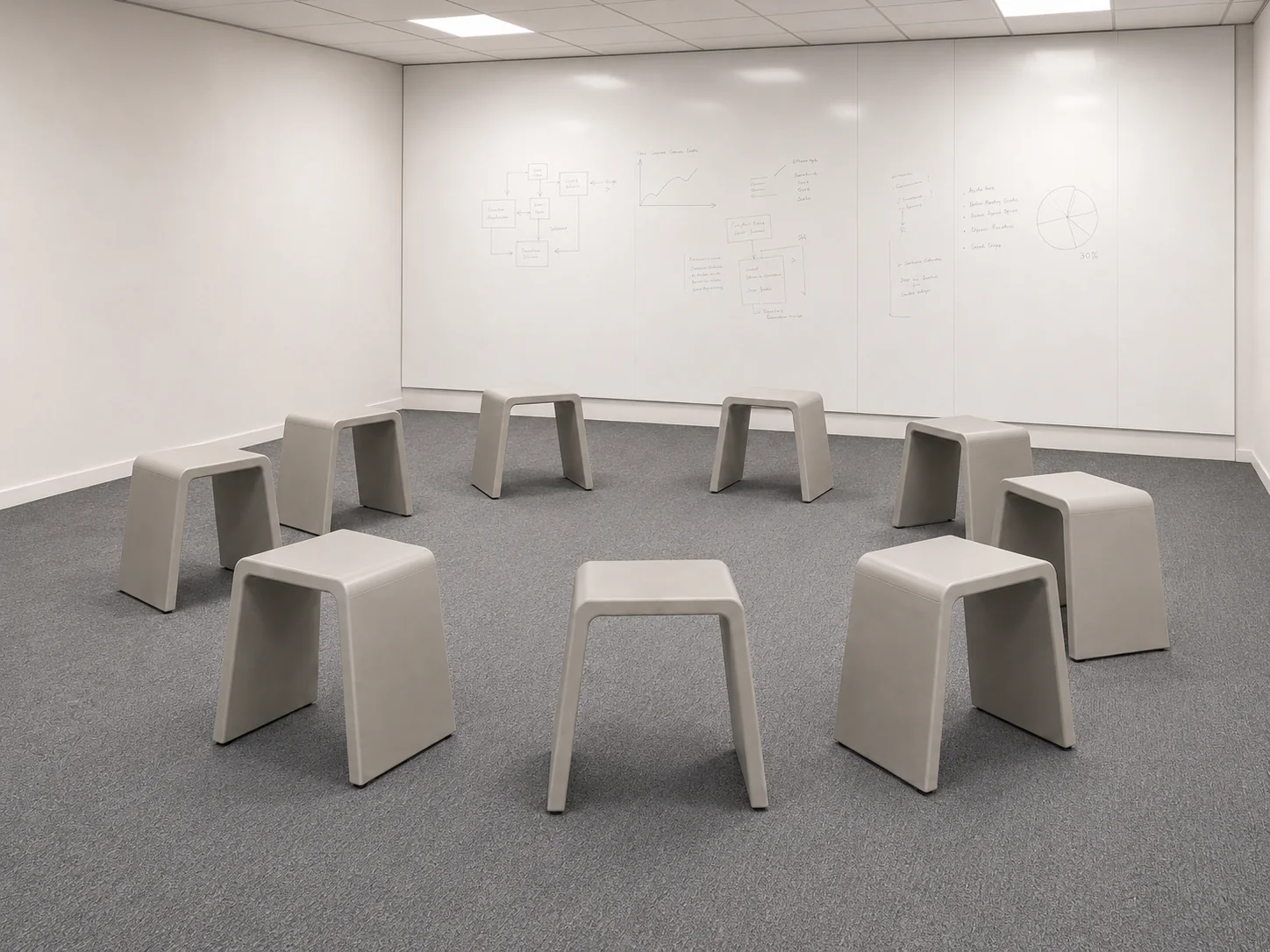 Meeting Pause Stools arranged in a circle in a workshop room.