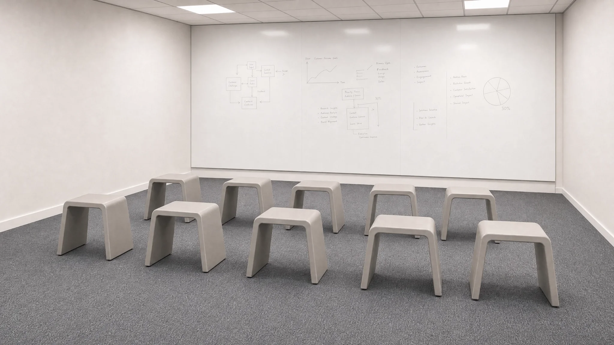 Multiple Meeting Pause Stools distributed through a workshop room.