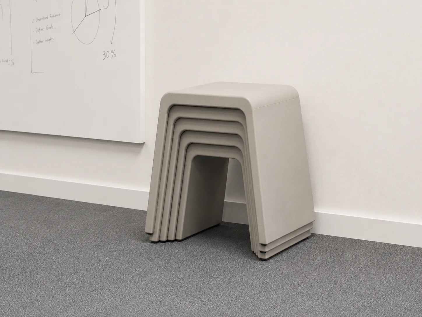 Meeting Pause Stools stacked neatly together against a wall.