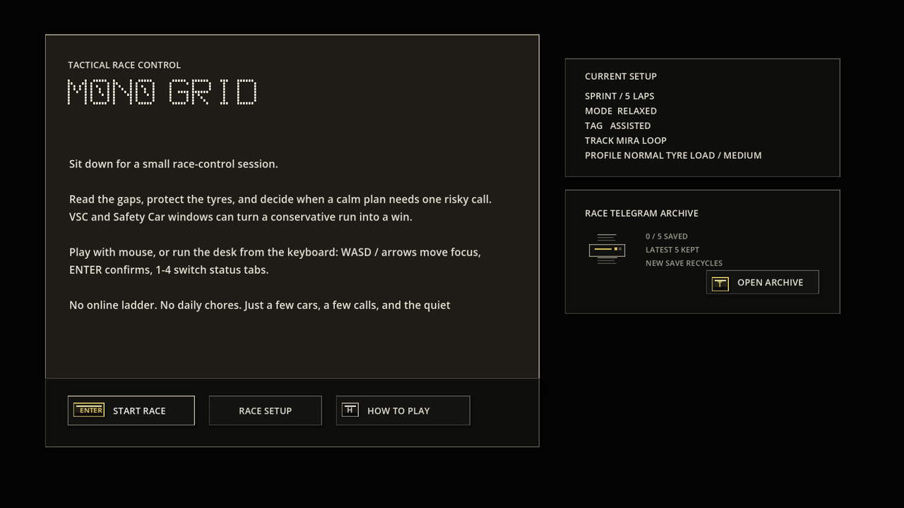Mono Grid v0.70B main menu screen.