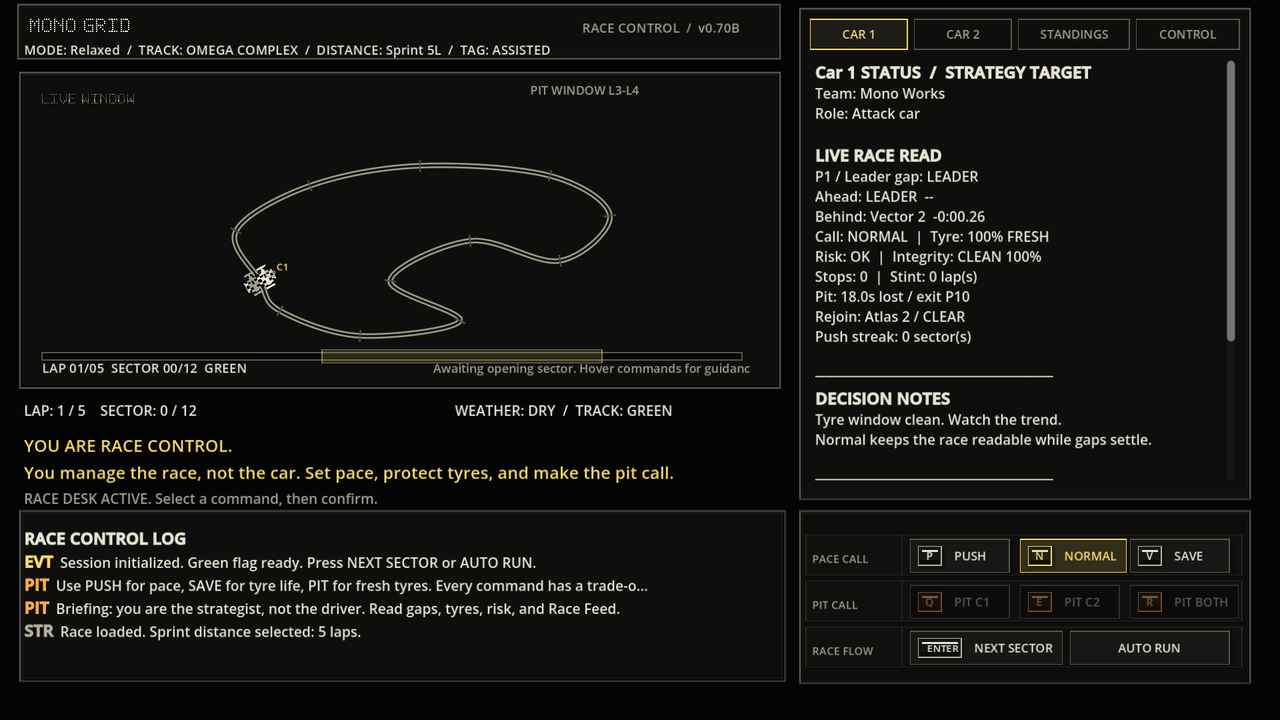 Mono Grid v0.70B OMEGA COMPLEX race-control screen showing two cars, status panels, sector map, command buttons, and race log.