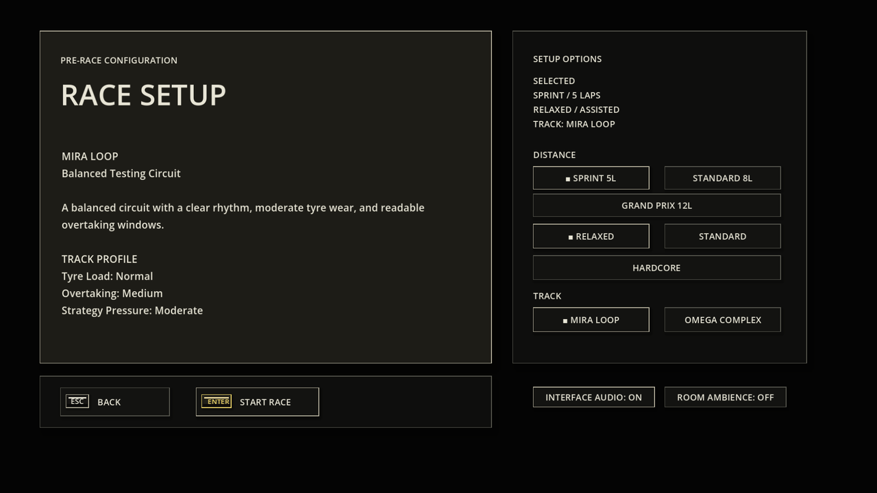Mono Grid v0.70B race setup screen showing MIRA LOOP selection.