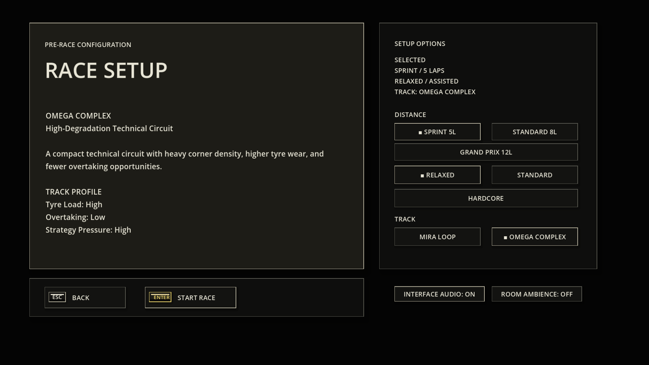 Mono Grid v0.70B race setup screen showing OMEGA COMPLEX selection.