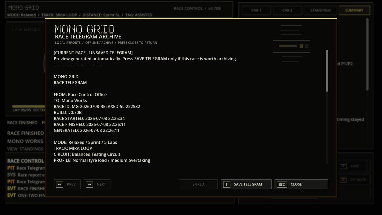 Mono Grid v0.70B Race Telegram preview screen.