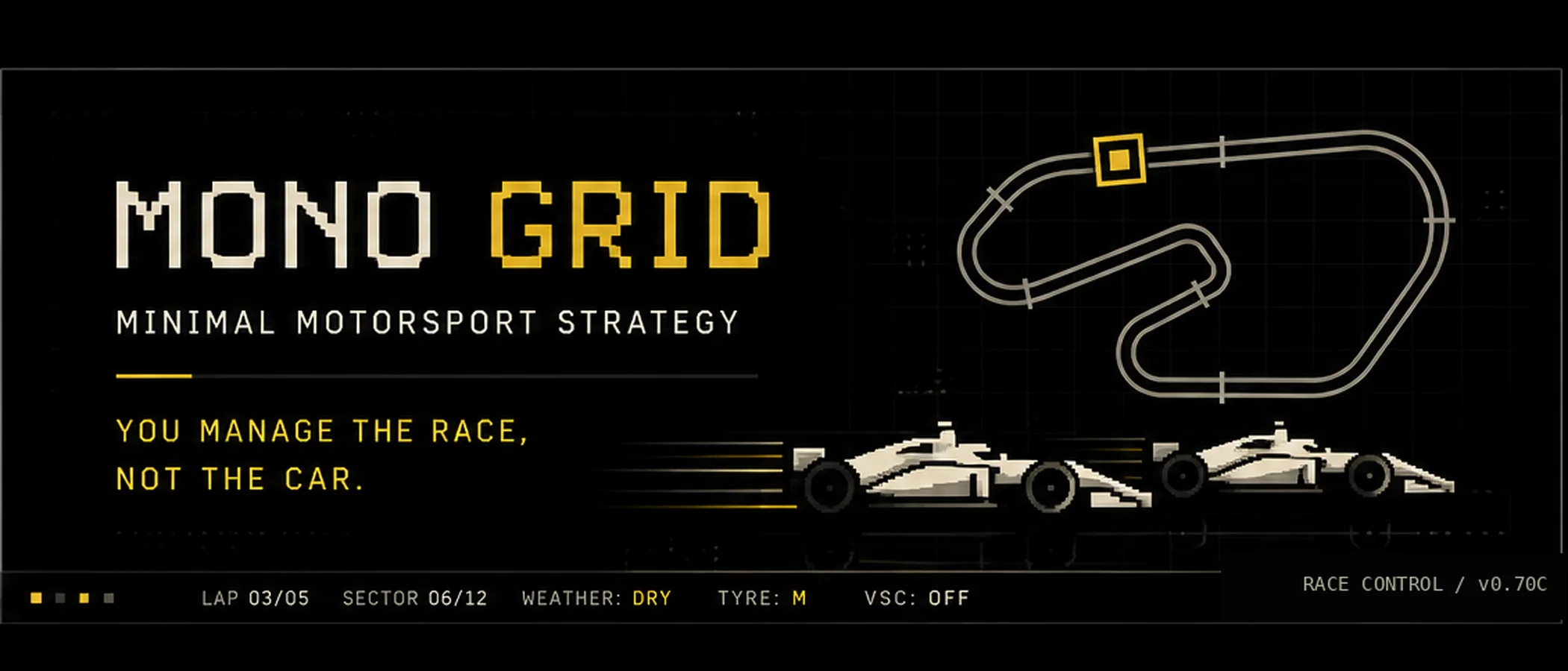 Mono Grid v0.70C wide promotional cover with the wordmark, track geometry, two formula-style cars, and race-control telemetry.