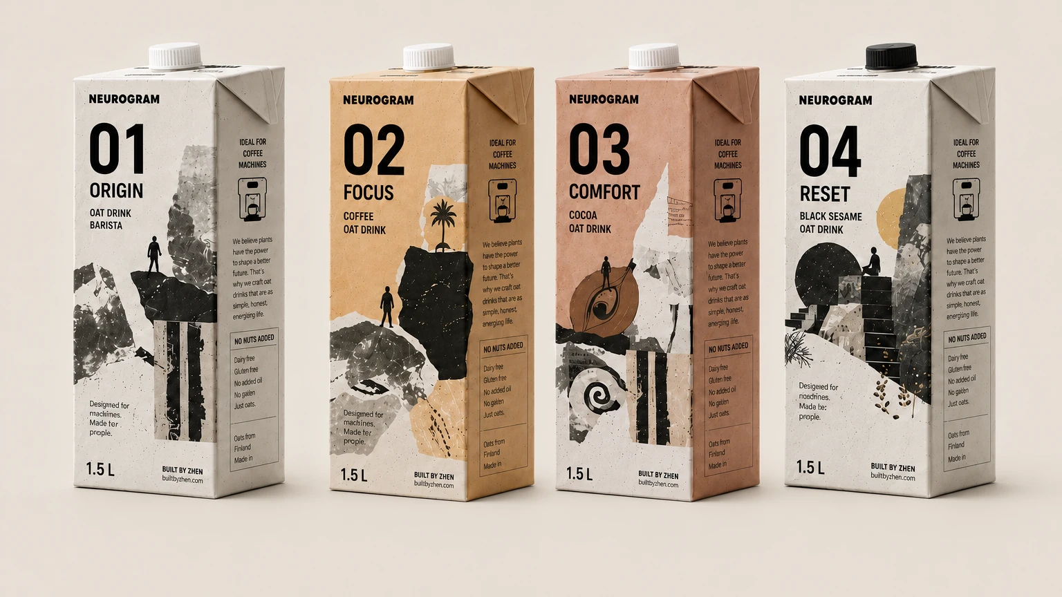 The four NEUROGRAM oat drink packages: ORIGIN, FOCUS, COMFORT, and RESET.