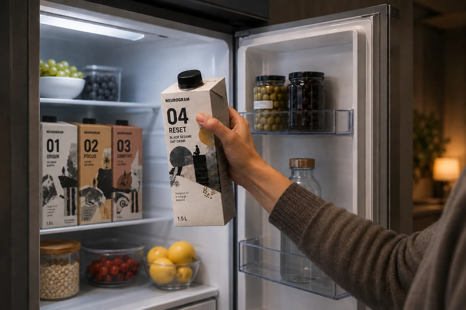 NEUROGRAM RESET oat drink selected from a refrigerator.
