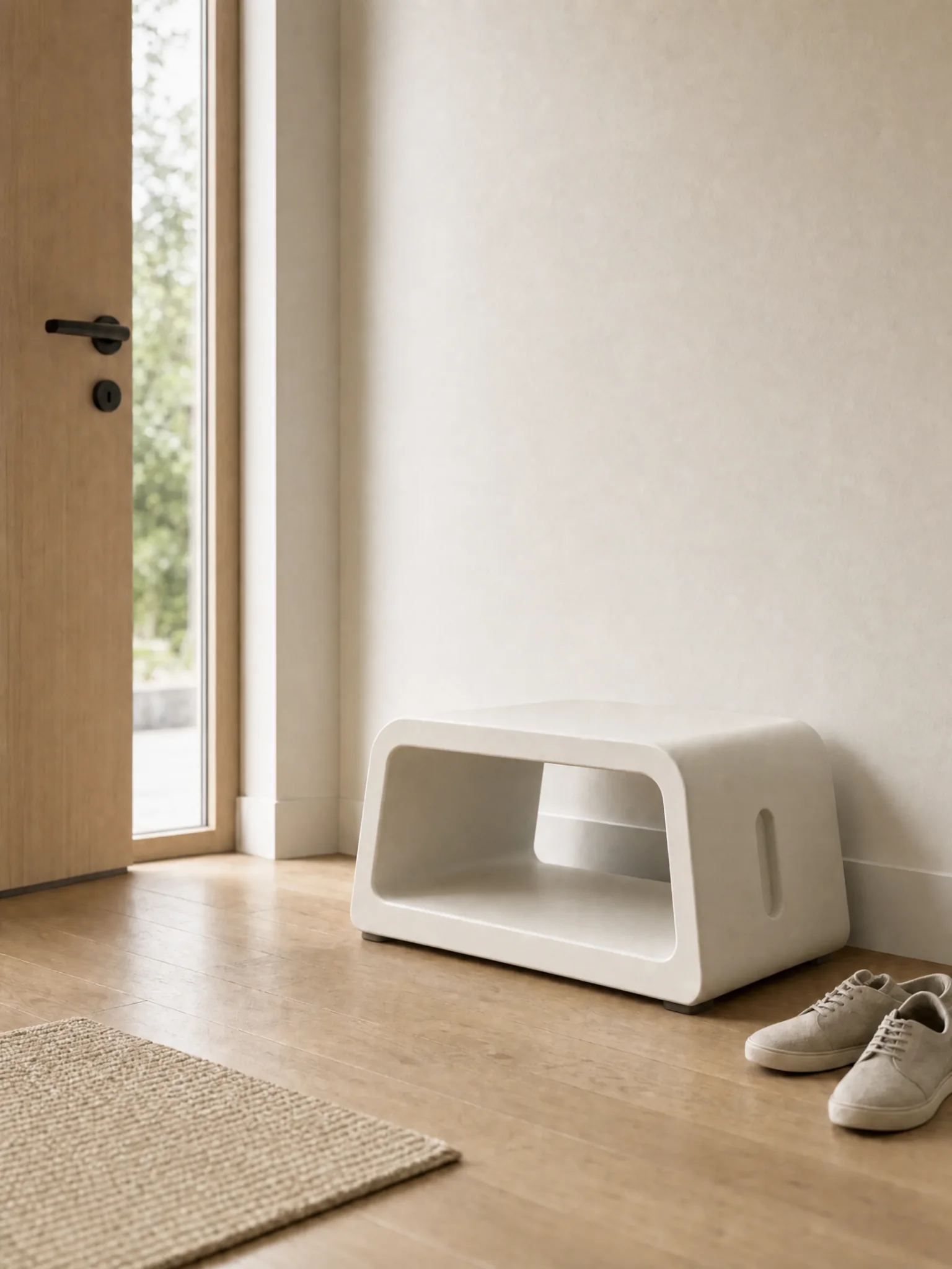Threshold Chair placed in a calm home entryway as part of Folded Pause System.