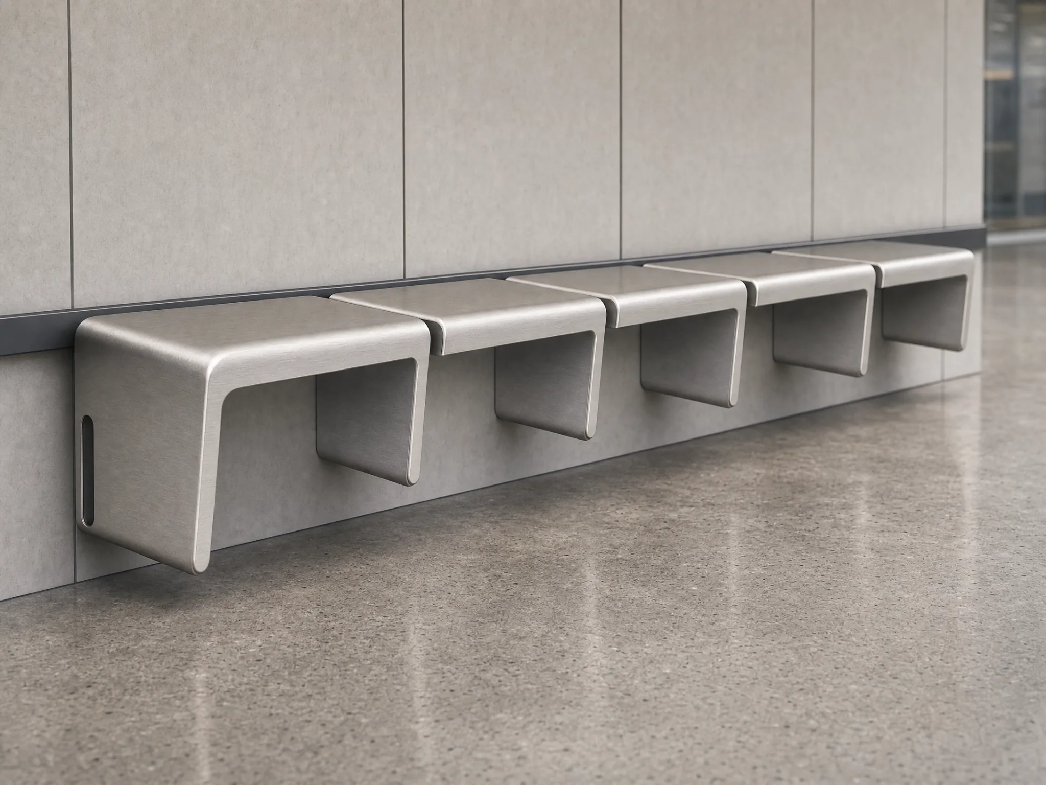 Wide angled studio-context view of Transit Pause Bench along a wall.
