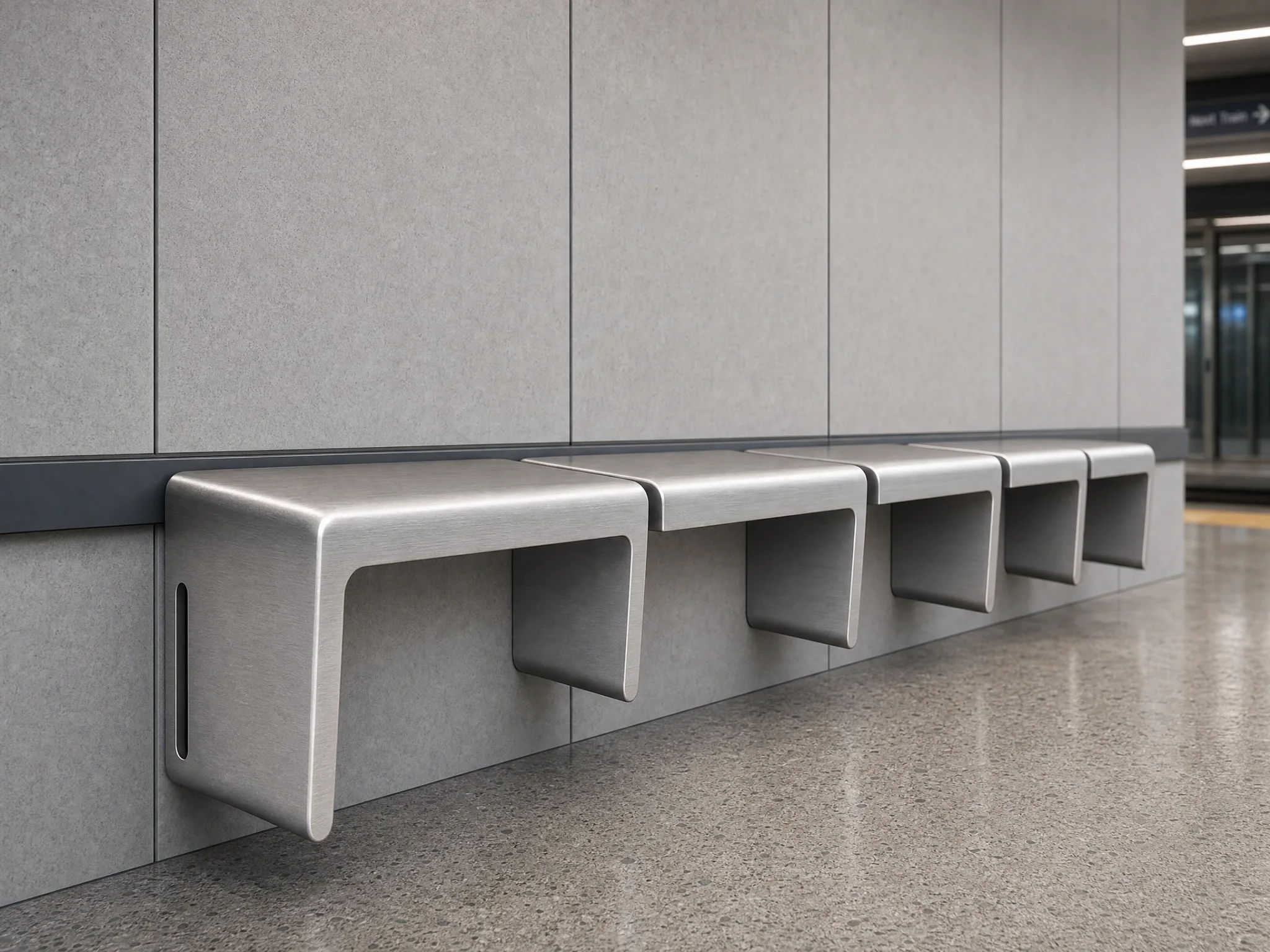 Angled close-up of several Transit Pause Bench modules installed along a wall.