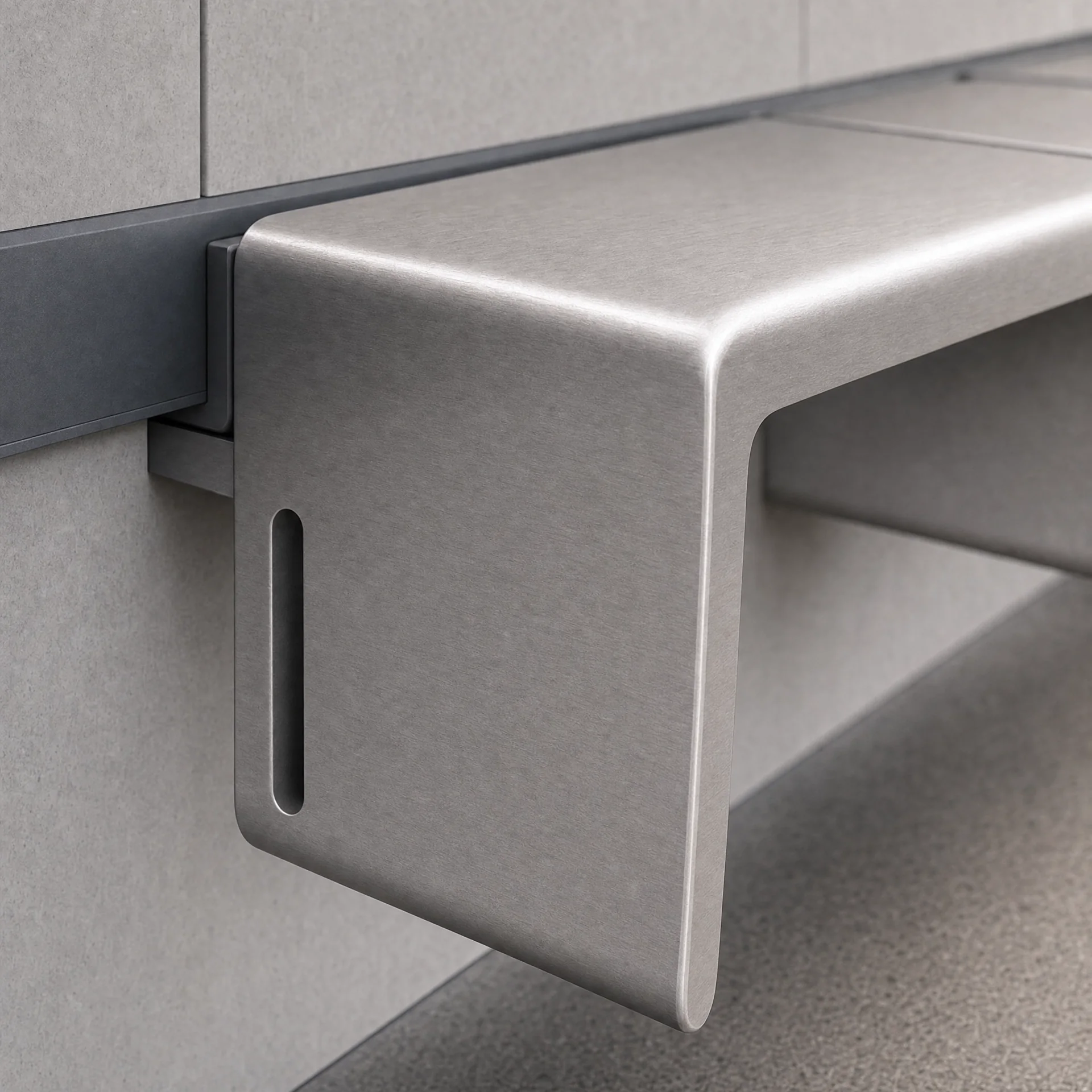 Close detail of Transit Pause Bench showing brushed metal surface and mounting logic.