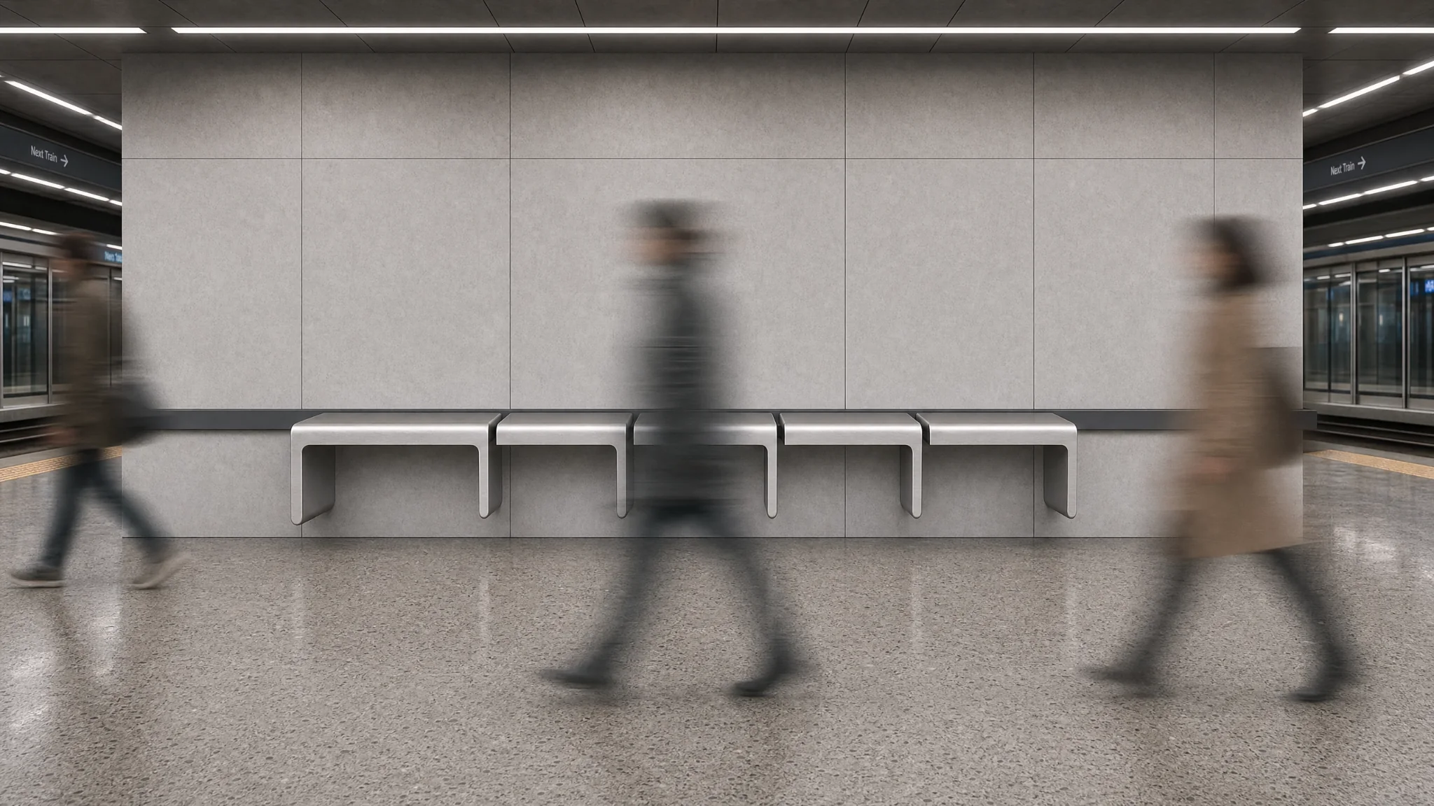 Transit Pause Bench installed along a metro station wall with blurred passersby.