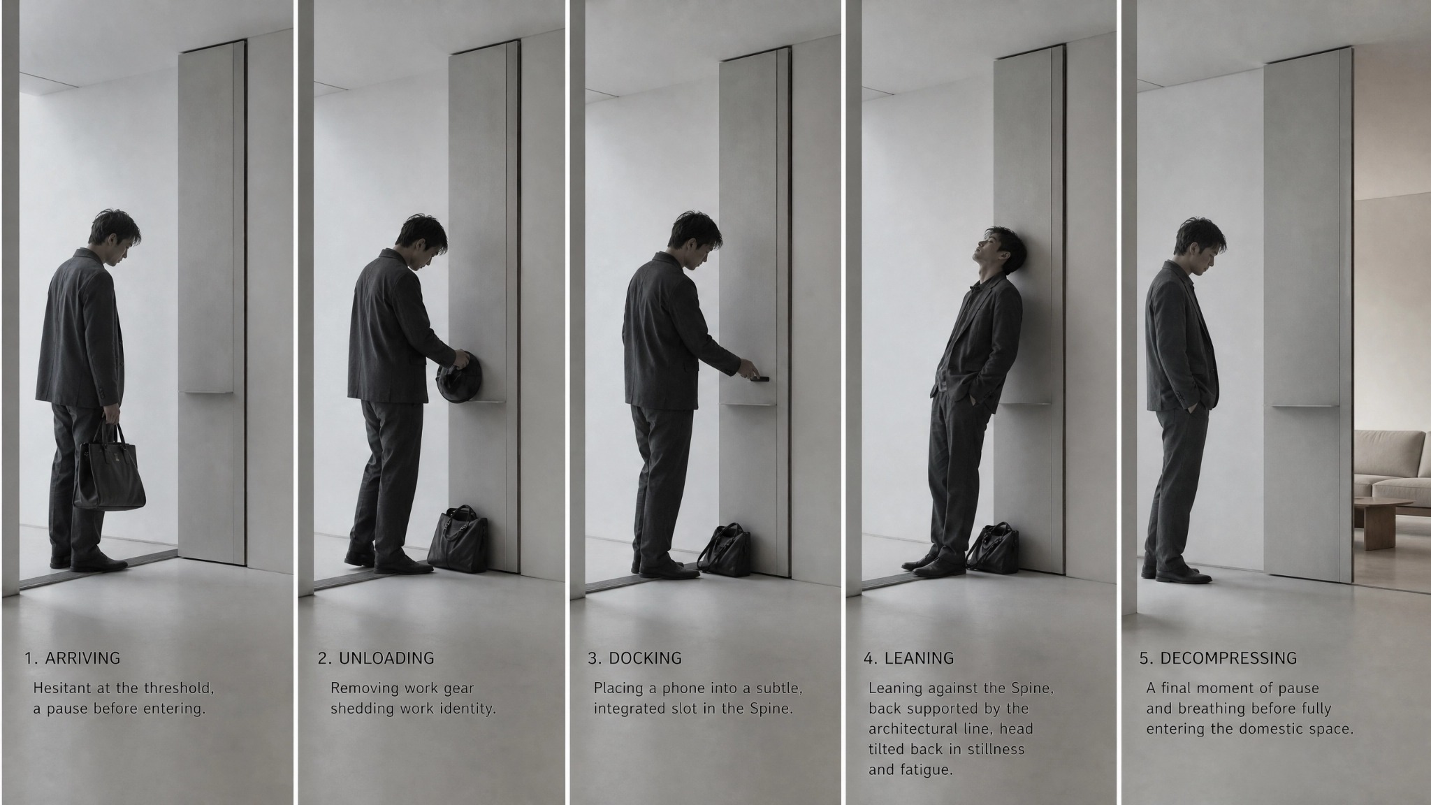 Refined behavioral choreography sequence showing arriving, unloading, docking, leaning, and decompressing with Vertical Threshold Spine.