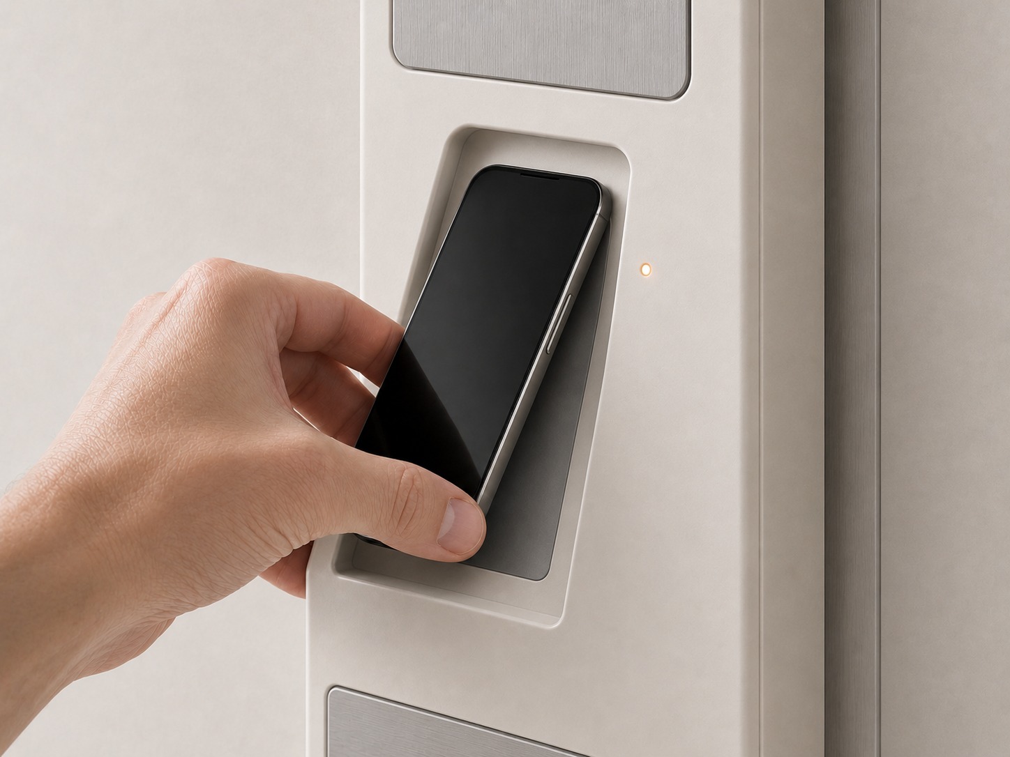 Close-up of a hand placing a phone into the Vertical Threshold Spine recessed docking slot.