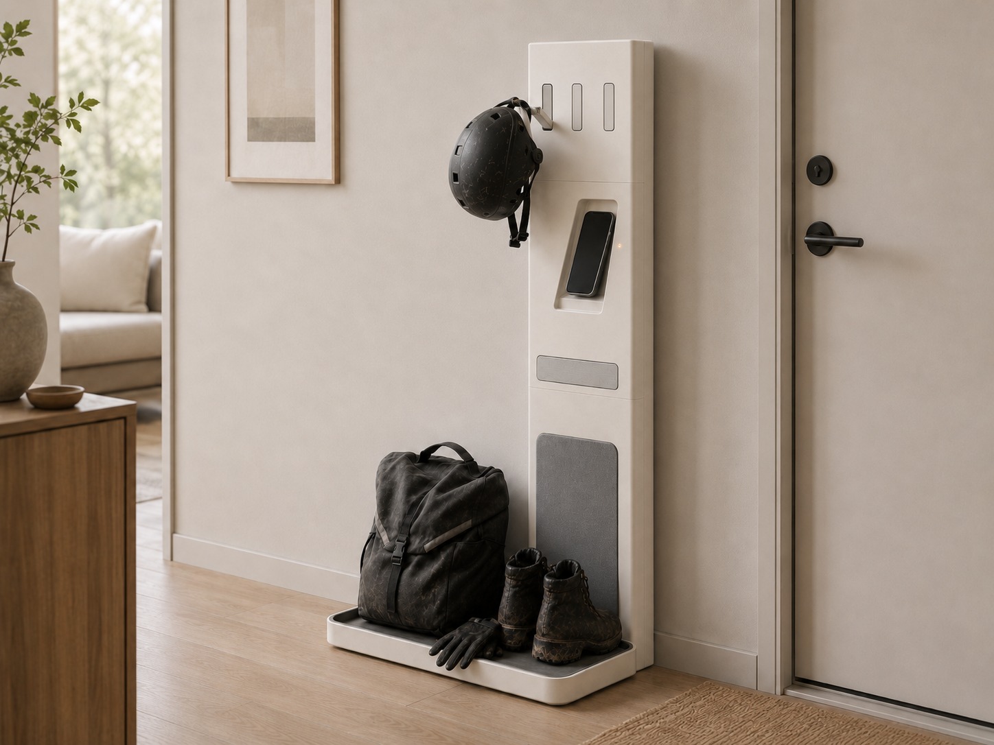 Vertical Threshold Spine V2.3 installed beside an apartment entryway with helmet, phone dock, bag, gloves, and boots.