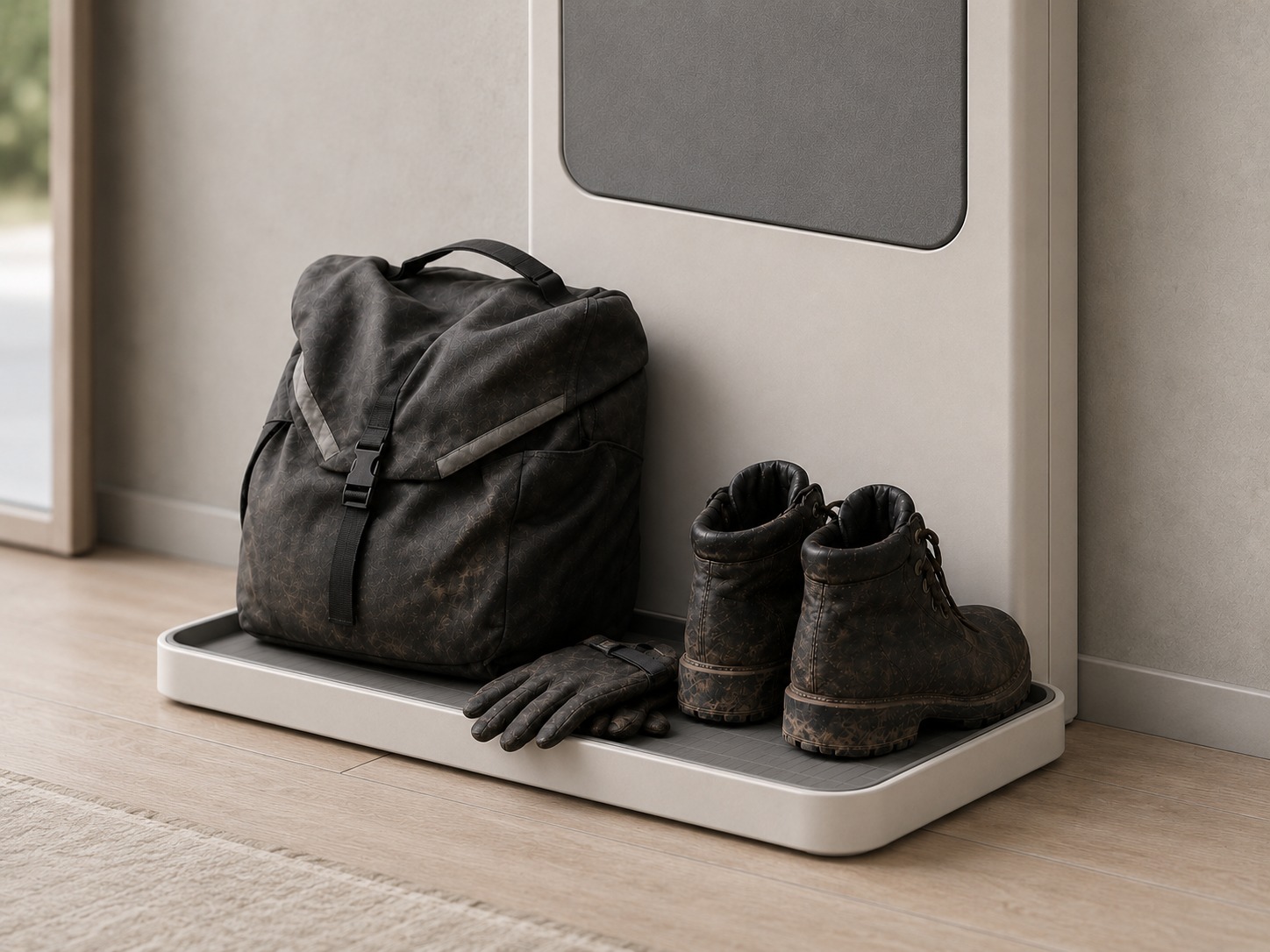Lower gear base detail of Vertical Threshold Spine holding a black bag, gloves, and boots on a washable tray.