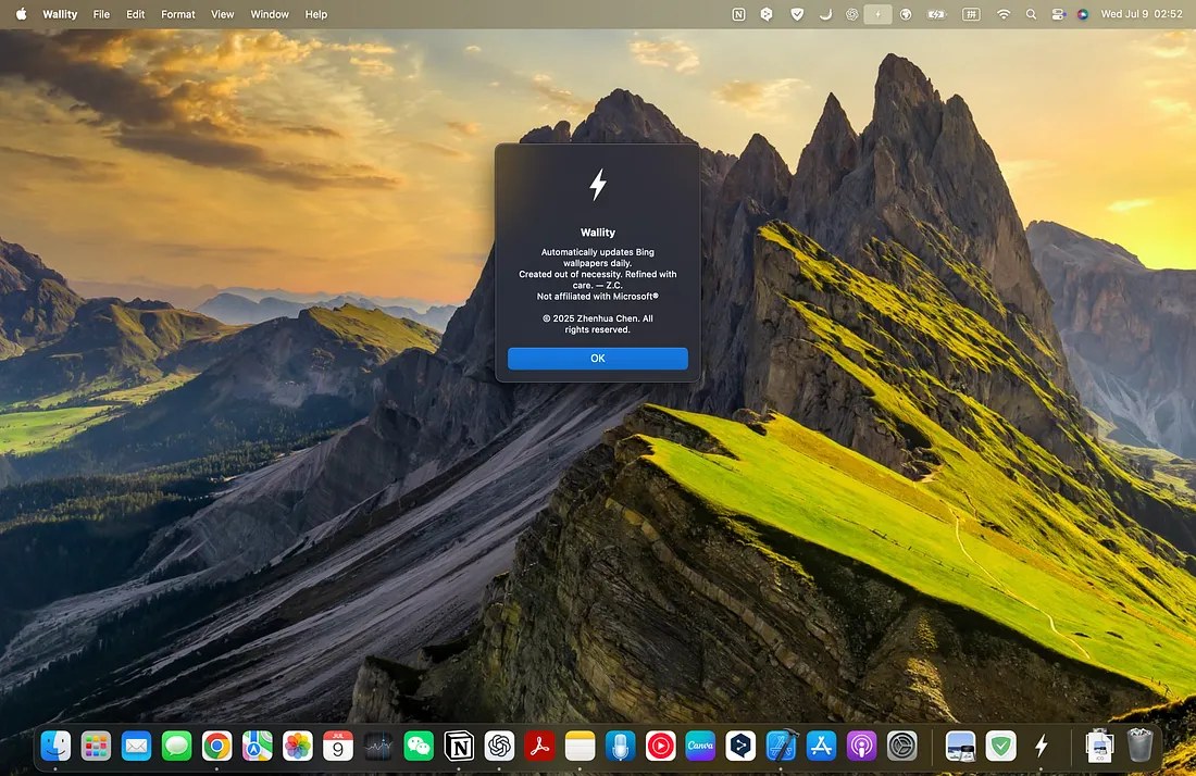 Wallity macOS menu bar utility shown on desktop.