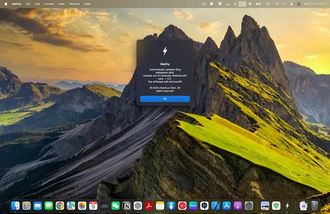 Wallity macOS menubar app running on a desktop with a mountain wallpaper.